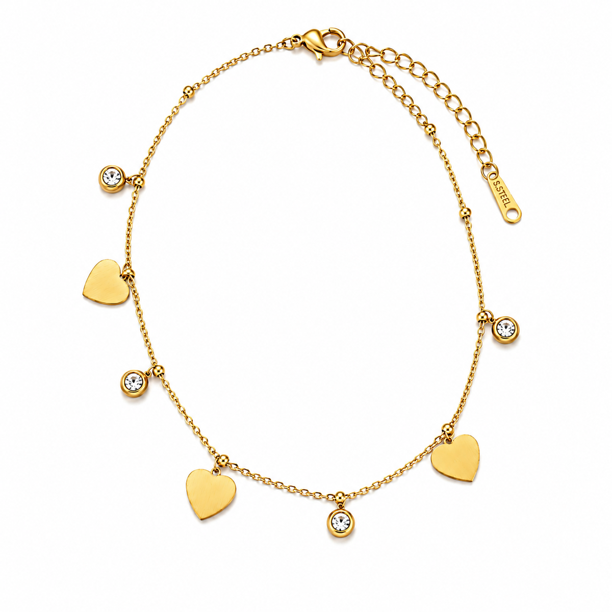 Gold-tone stainless steel anklet with heart and clear crystal charms – Emira Jewels UAE