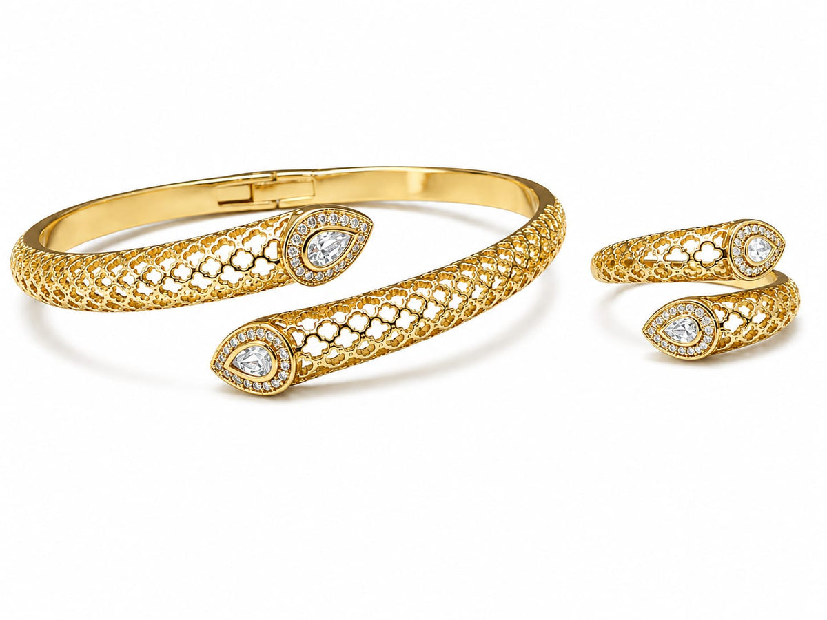 Elara gold-tone plated teardrop crystal bangle and matching ring set – Emira Jewels UAE