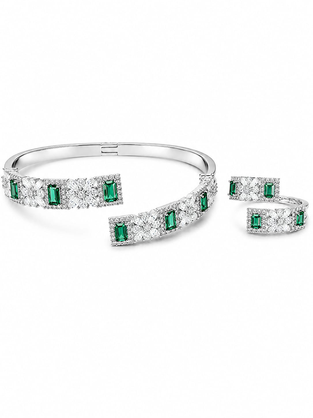 Emerald Bloom silver-tone green crystal bangle and matching ring set – Emira Jewels UAE
