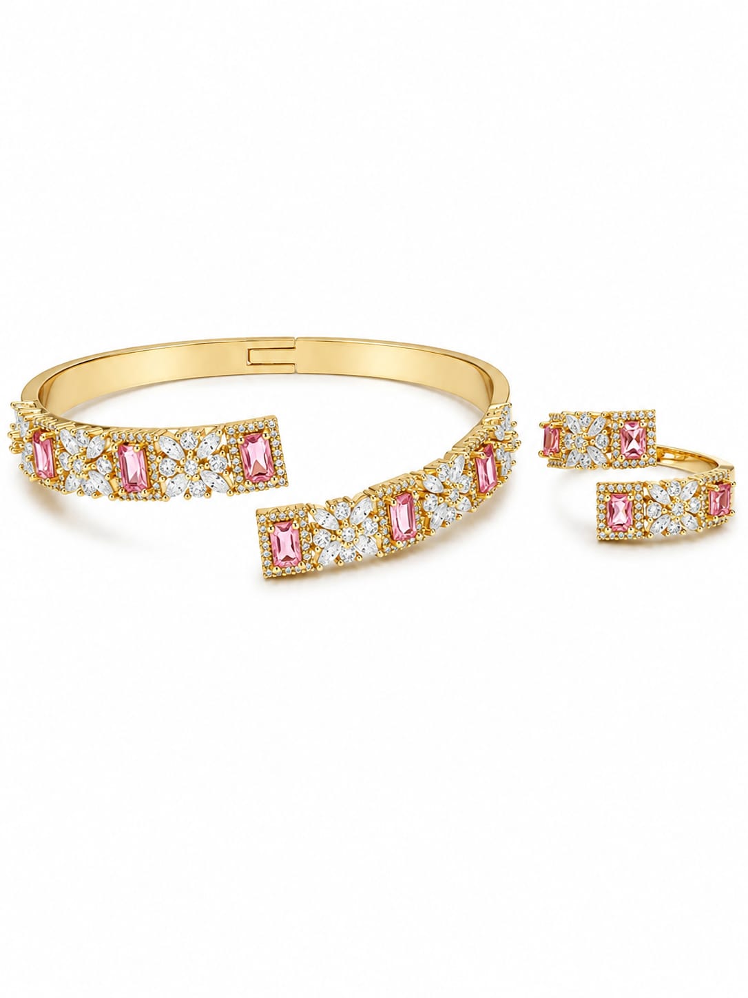 Gold-tone pink crystal floral bangle and matching ring set – Emira Jewels UAE