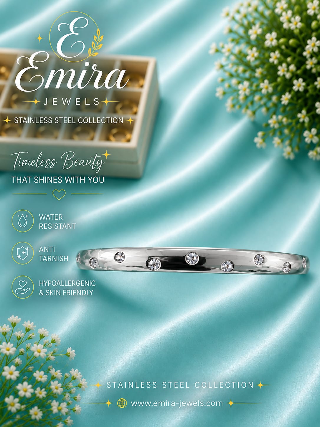 Luna Crystal Stainless Steel Bangle – Silver