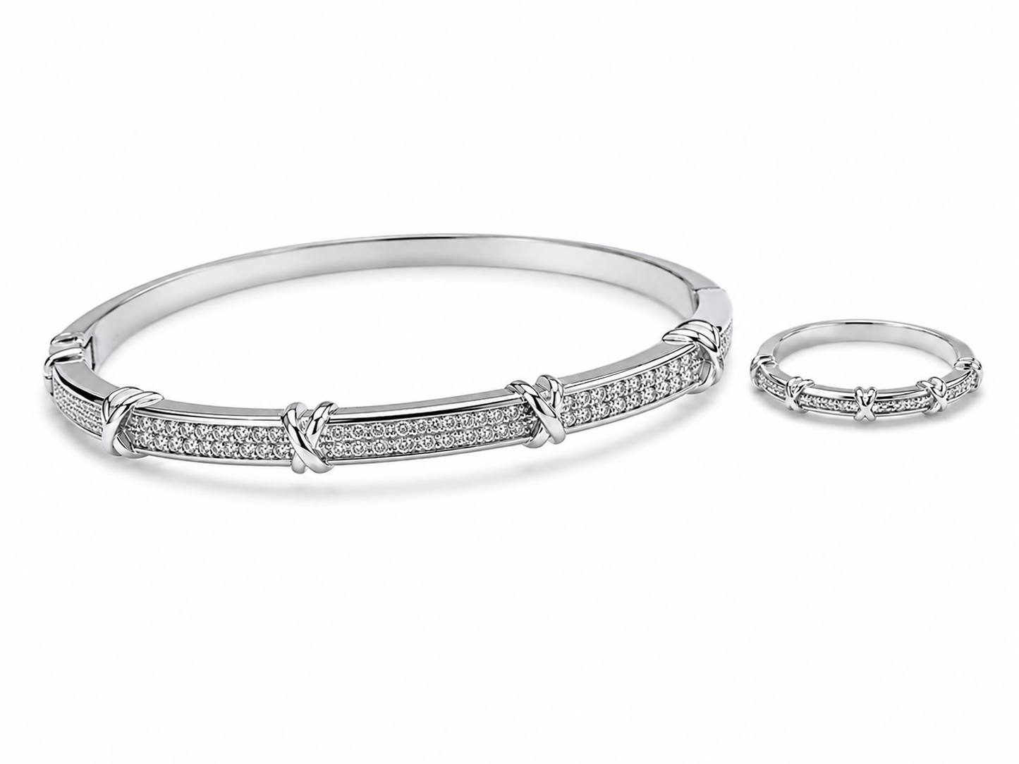 Luxe Crystal Bangle & Ring Set – Silver