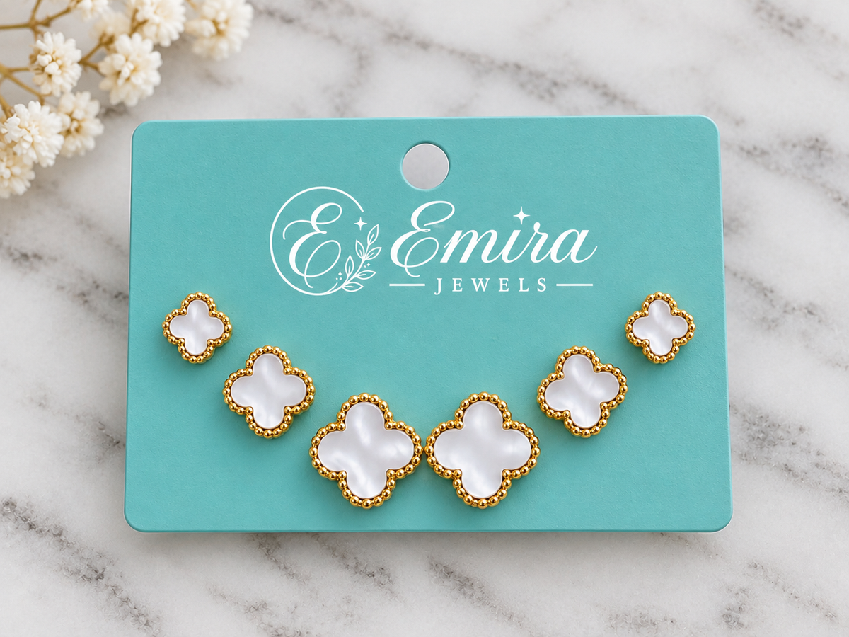 White Elara Trio Clover Earrings Set