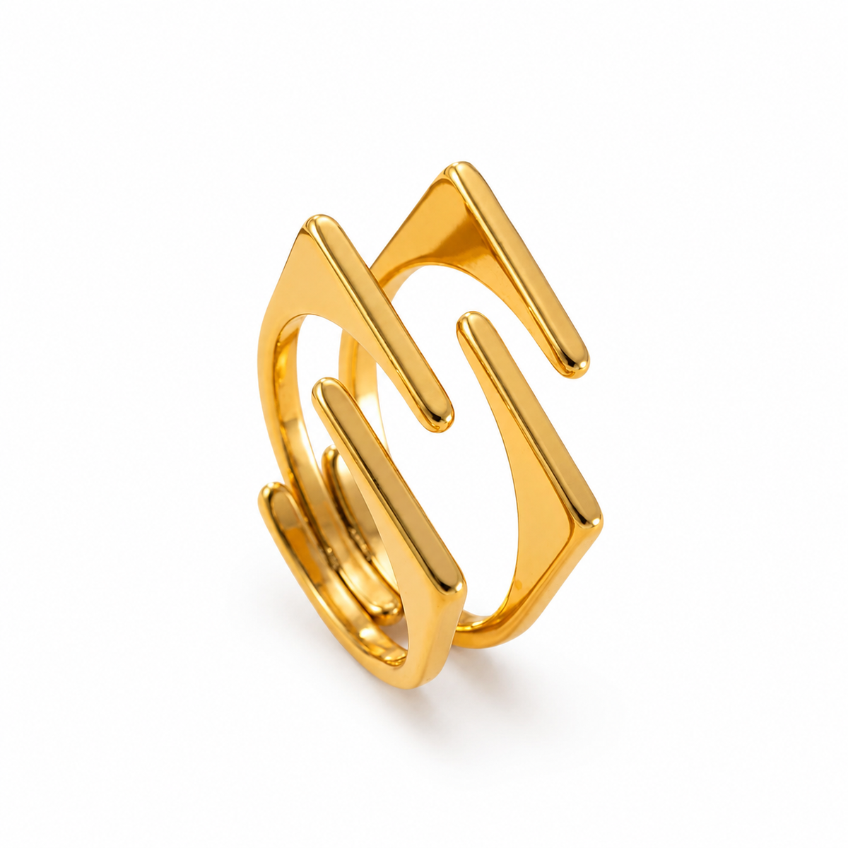 Gold-tone stainless steel statement ring with geometric open wave design.