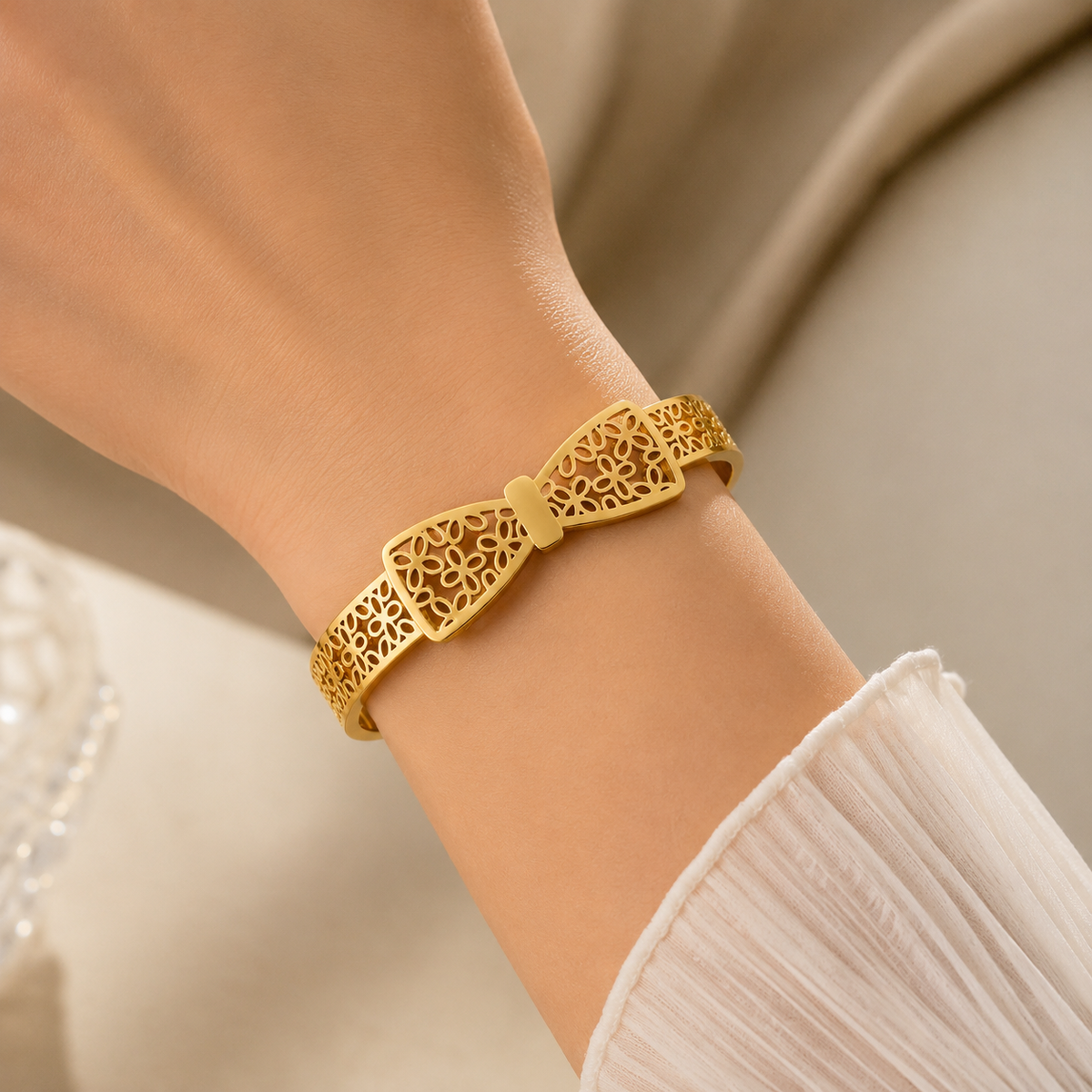 Gold Stainless Steel Flora Bow Bangle – waterproof | Emira Jewels