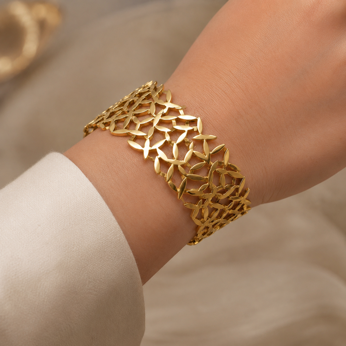 Gold Stainless Steel Laurel Lace Cuff Bracelet – waterproof, anti-tarnish, hypoallergenic | Emira Jewels