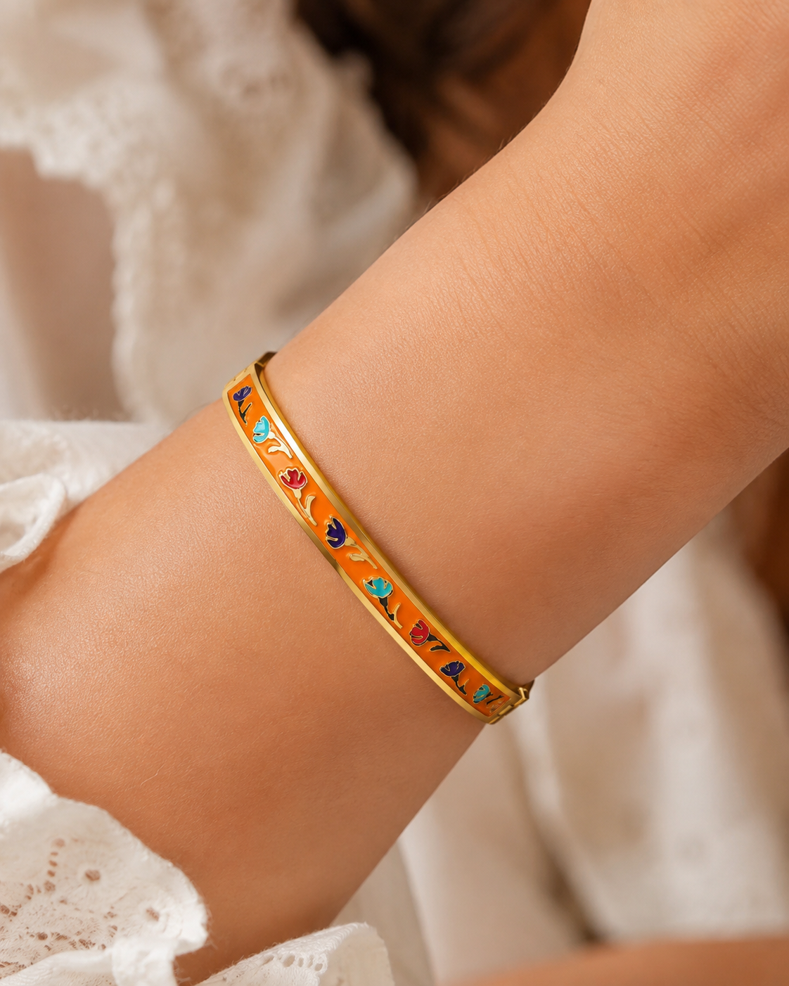 Gold Stainless Steel Sunset Bloom Enamel Bangle – anti-tarnish,  | Emira Jewels