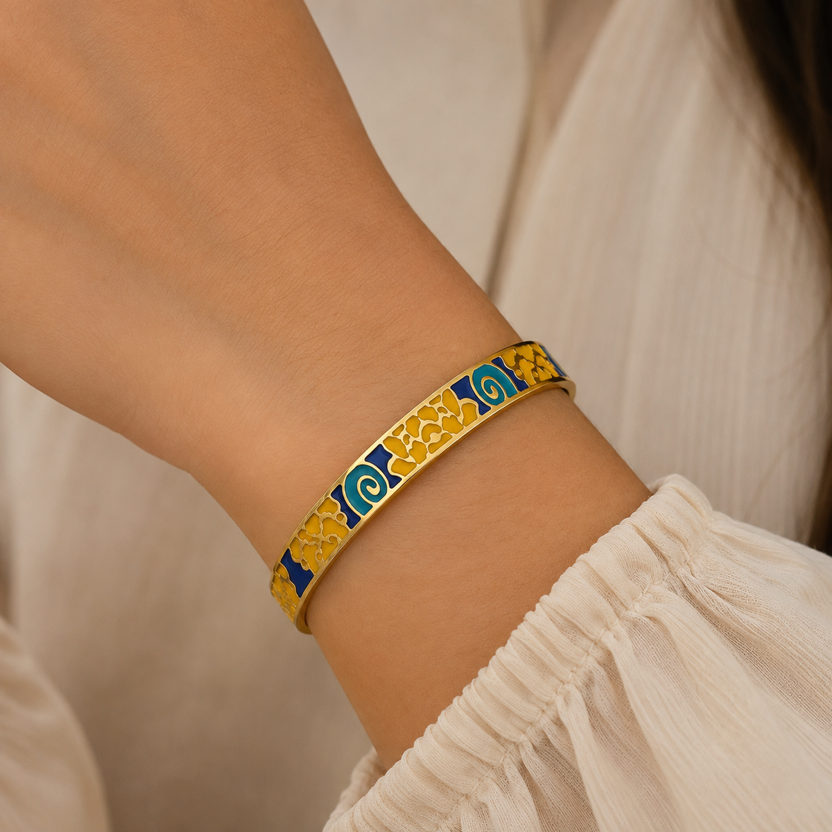 Gold Stainless Steel Azure Mosaic Enamel Bangle  | Emira Jewels