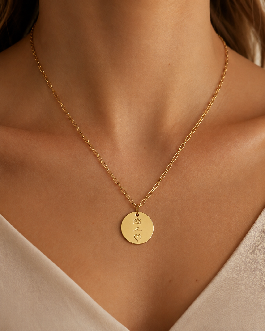 Gold Stainless Steel Sun, Sea & Love Medallion Necklace – waterproof | Emira Jewels