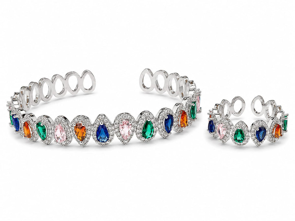 Prisma silver-tone multicolor crystal bangle and matching ring set – Emira Jewels UAE