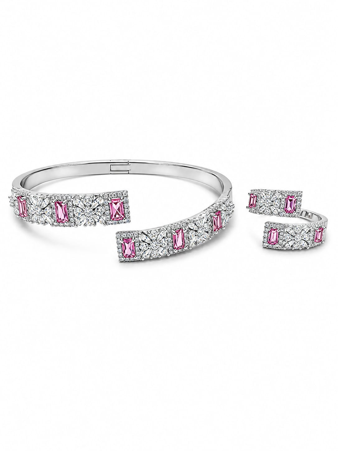 Roselle silver-tone pink crystal bangle and matching ring set – Emira Jewels UAE