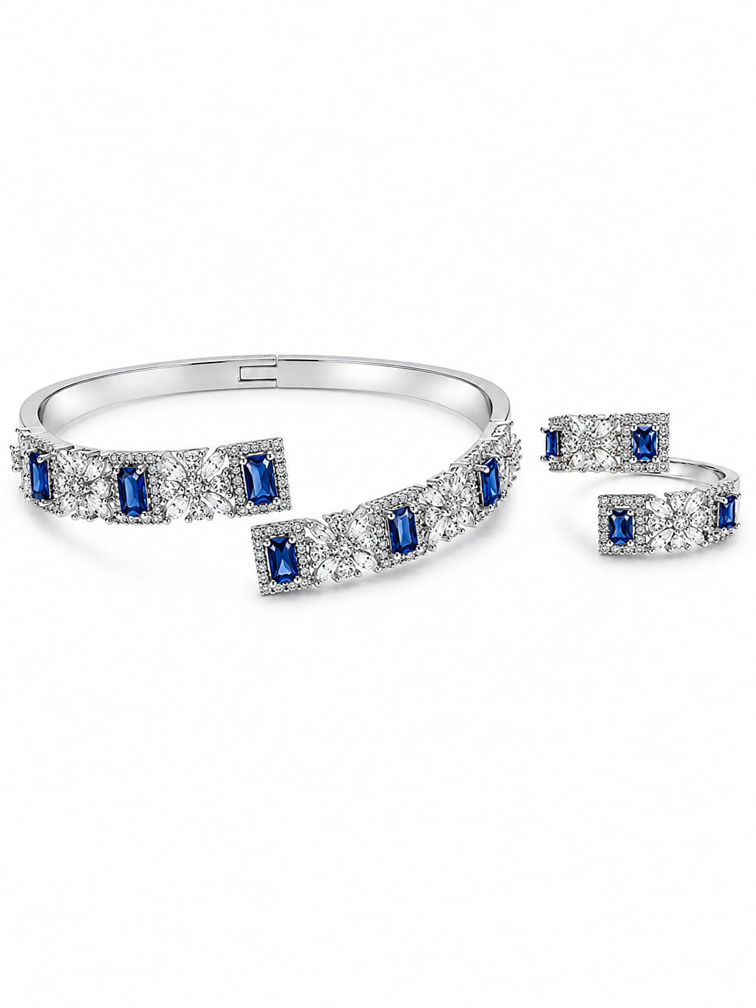 Silver-tone blue crystal floral bangle and matching ring set – Emira Jewels UAE