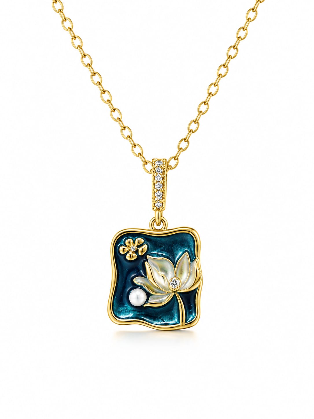 Nerissa gold-tone stainless steel necklace with teal lotus flower pendant, pearl and crystal accents – Emira Jewels UAE