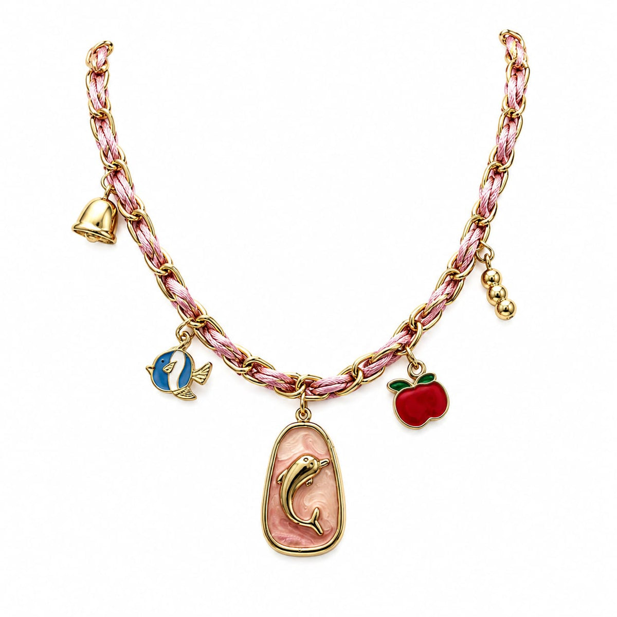 Mariselle gold-tone stainless steel pink charm necklace with dolphin, fish and apple charms – Emira Jewels UAE