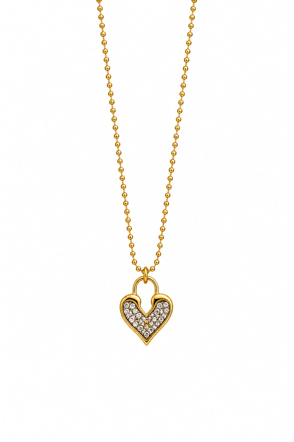Crystal heart lock gold-tone stainless steel necklace with sparkling stones – Emira Jewels UAE