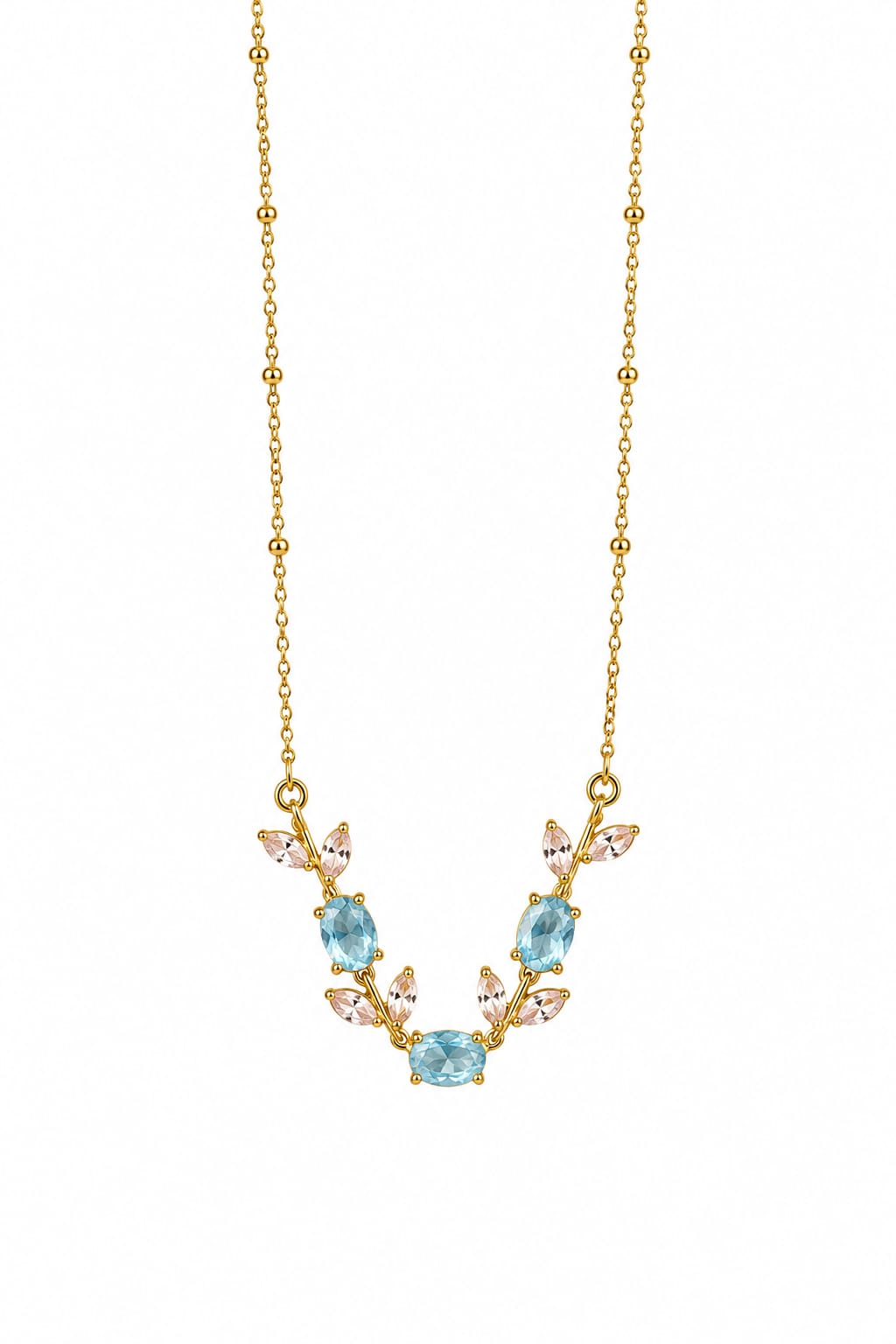 Aqua blue crystal stainless steel gold necklace with botanical stone design – Emira Jewels UAE
