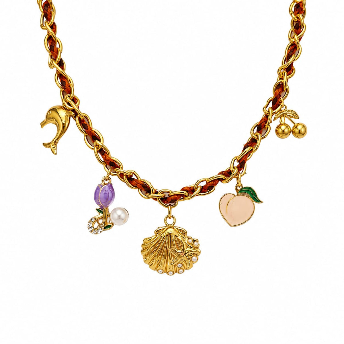 Ocean Bliss stainless steel gold charm necklace with dolphin, shell and fruit charms – Emira Jewels UAE