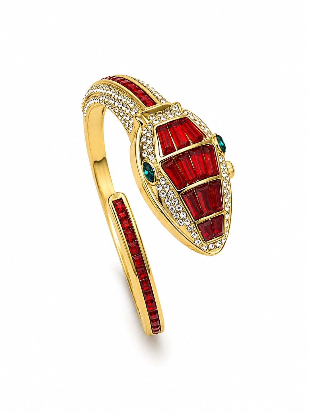 Serpentina gold-tone snake cuff fashion watch with ruby red and clear crystal stones – Emira Jewels UAE