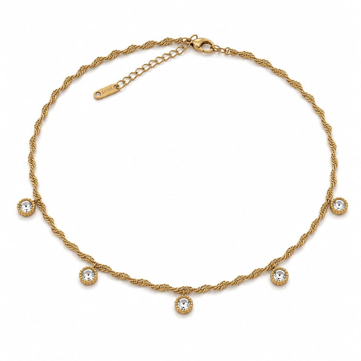 Gold-tone stainless steel twisted necklace with five clear crystal drop charms – Emira Jewels UAE