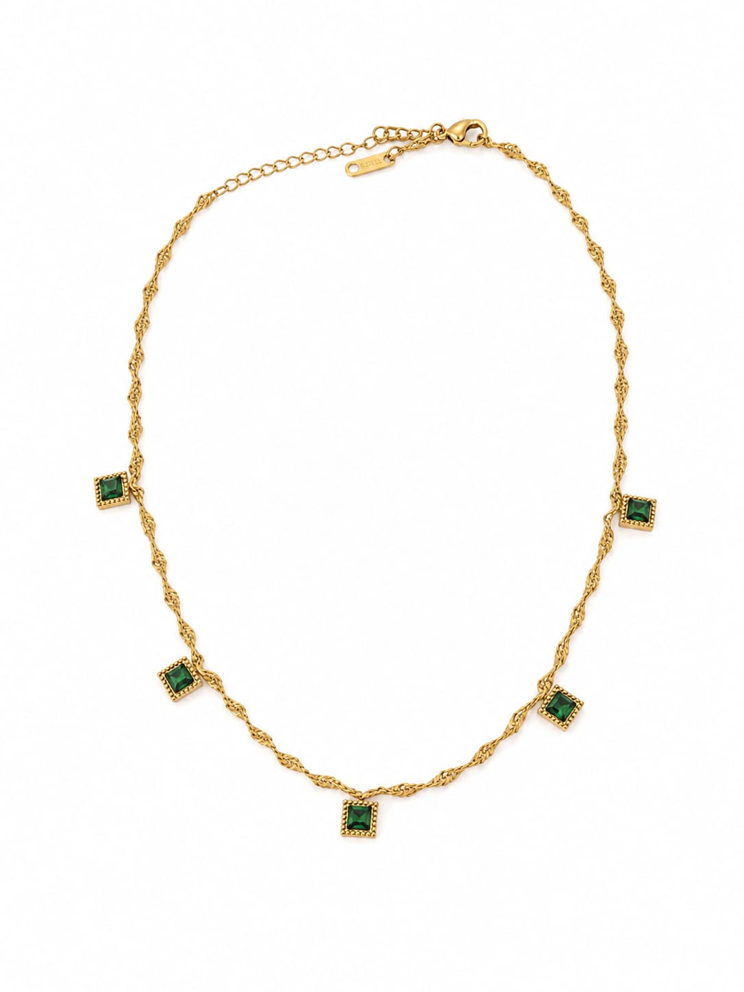Gold-tone stainless steel necklace with five emerald green square charms – Emira Jewels UAE
