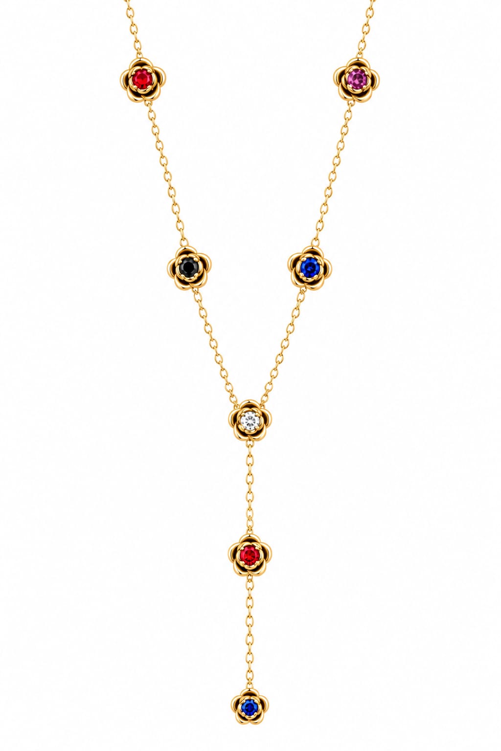 Gold-tone stainless steel Y-drop floral necklace with multicolour stones – Emira Jewels UAE