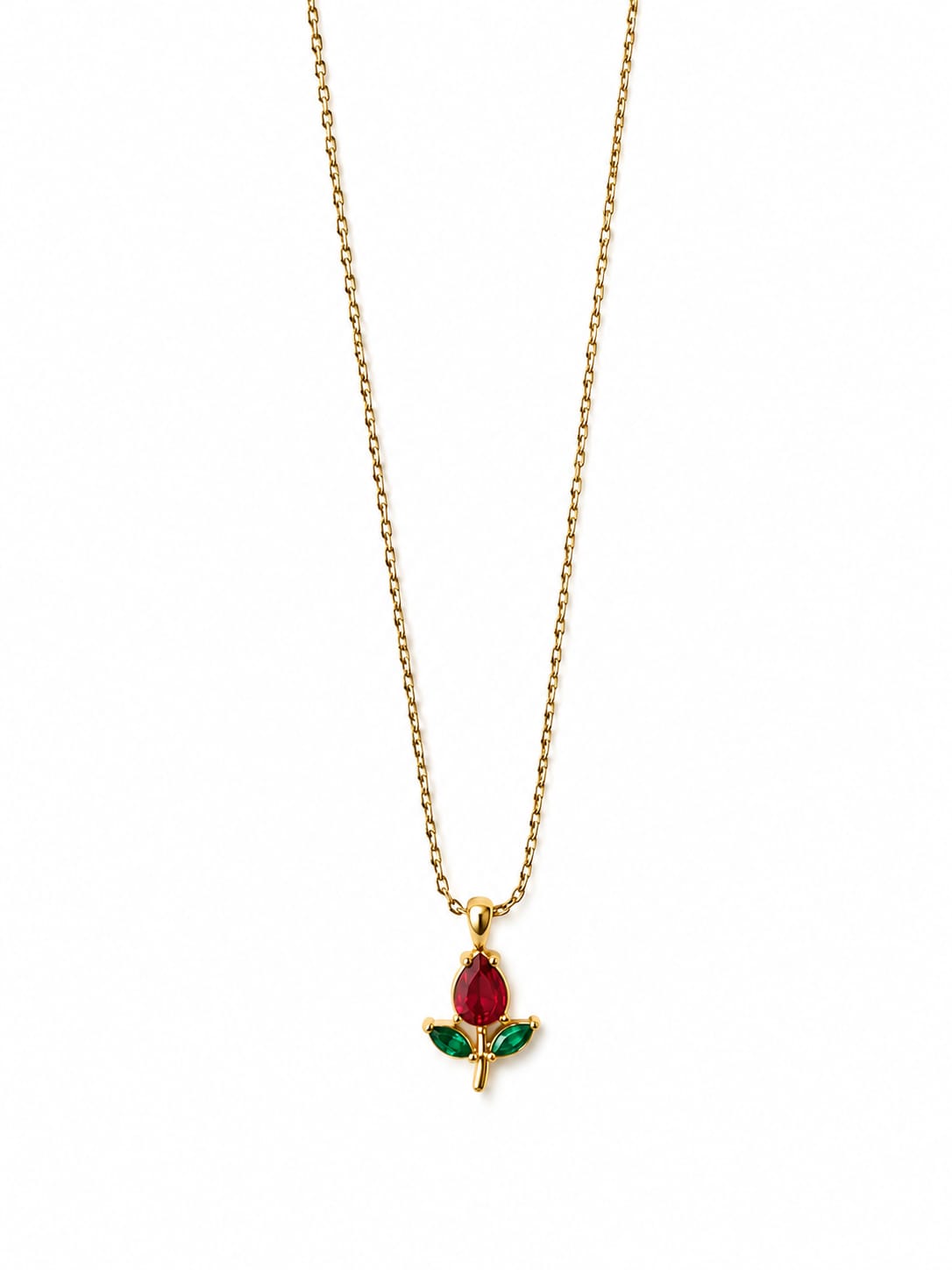 Gold-tone stainless steel tulip pendant necklace with red and green crystals – Emira Jewels UAE