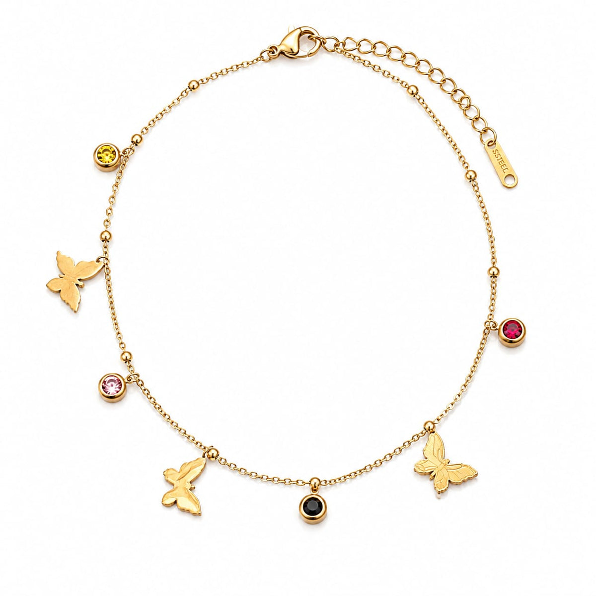 Gold-tone stainless steel anklet with butterfly and multicolour crystal charms – Emira Jewels UAE