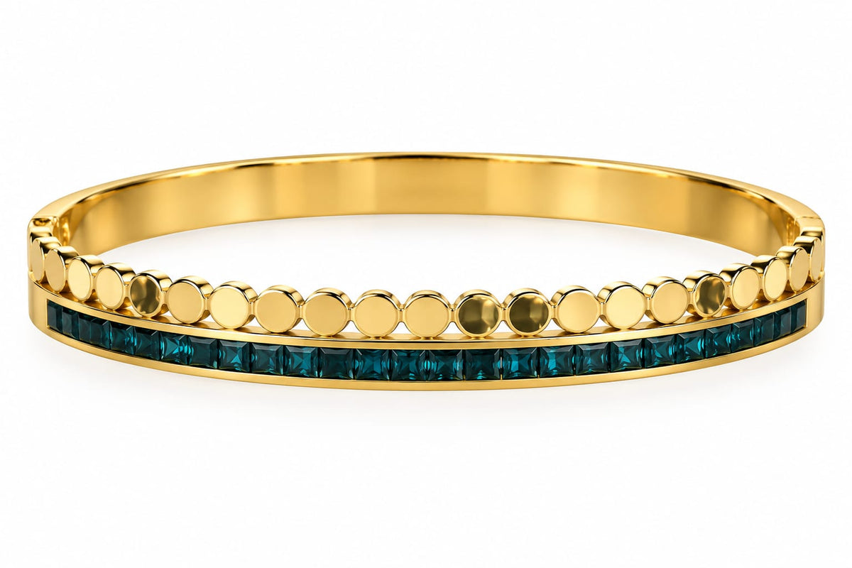 Nerissa gold-tone stainless steel bracelet with emerald green square crystals – Emira Jewels UAE