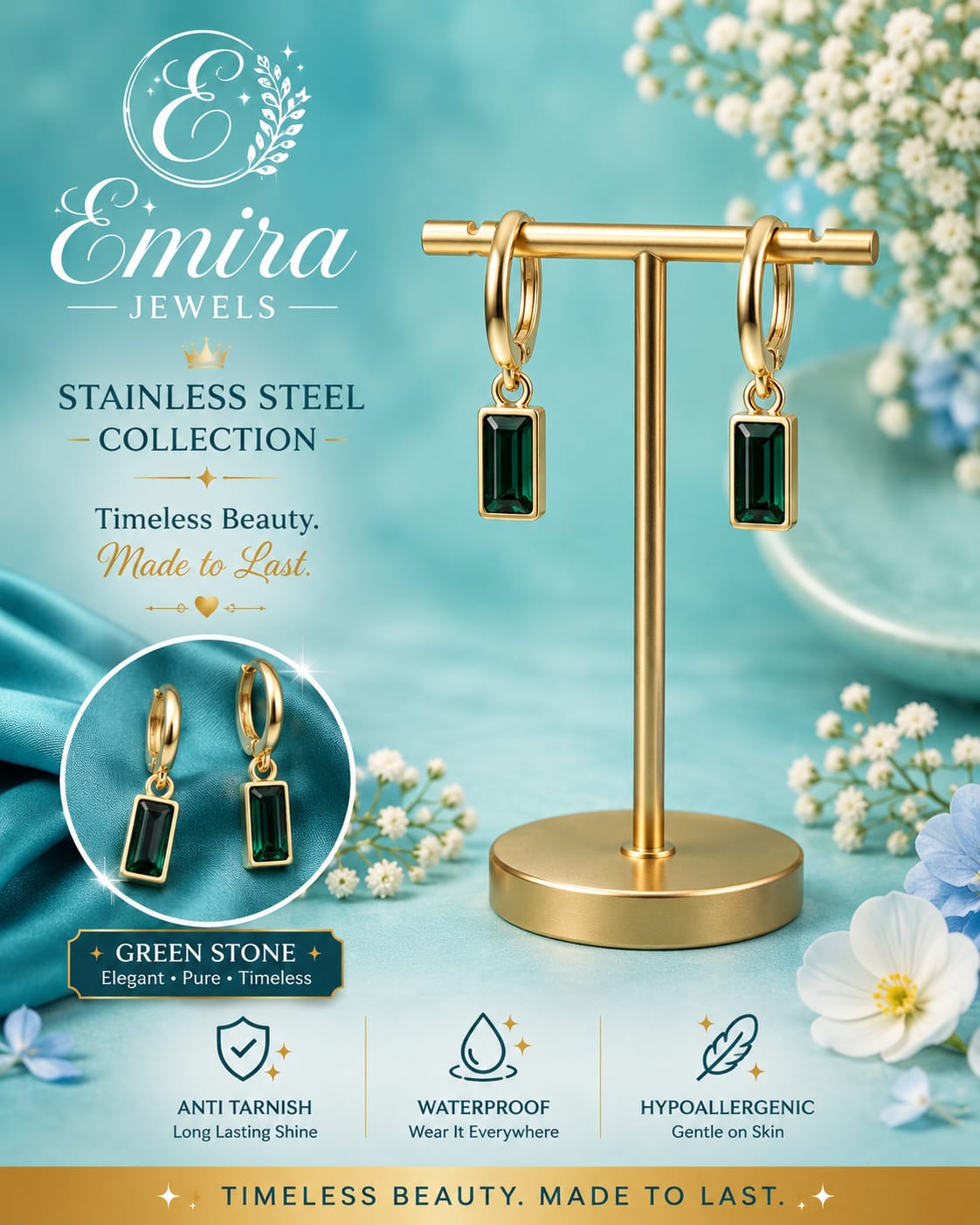 Emerald Grace Drop Hoop Earrings