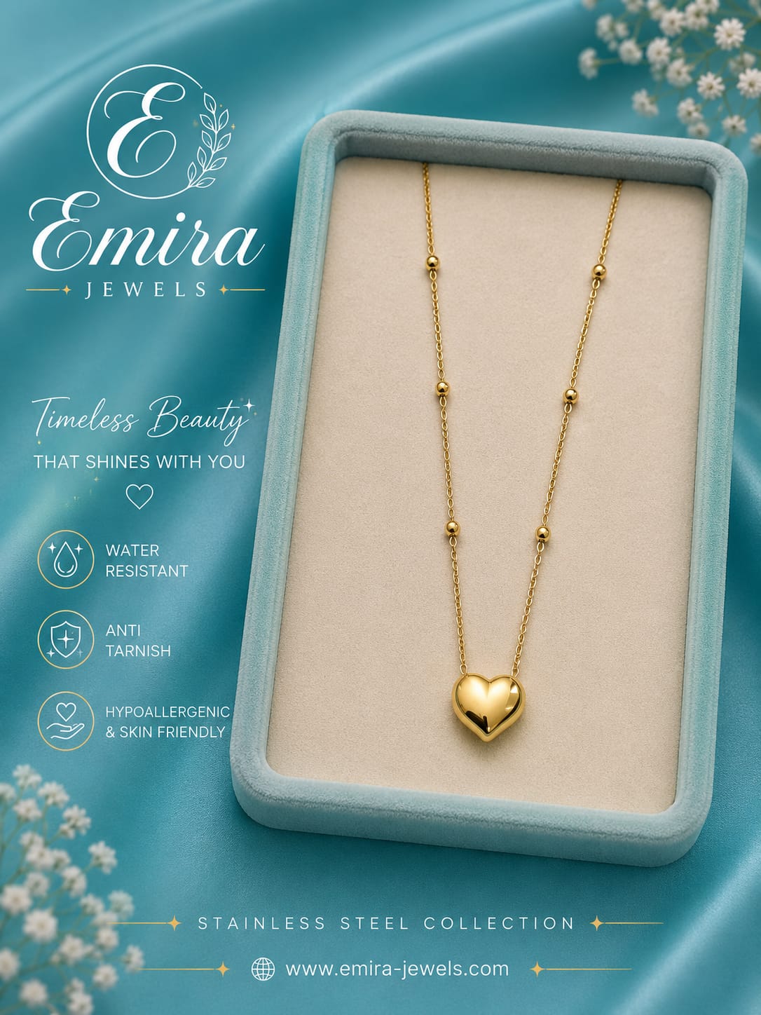 Golden Heart Bead Pendant Necklace