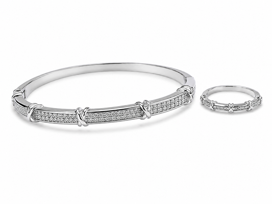 Luxe Crystal Bangle & Ring Set – Silver
