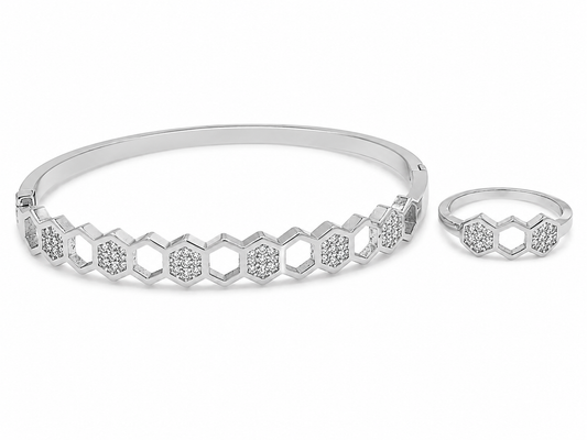 Honeycomb Crystal Bangle & Ring Set – Silver