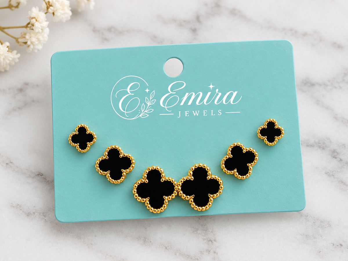 Black clover stainless steel earrings 3-pair set in three sizes – Emira Jewels UAE