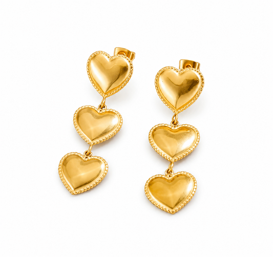 Golden Triple Heart Drop Earrings